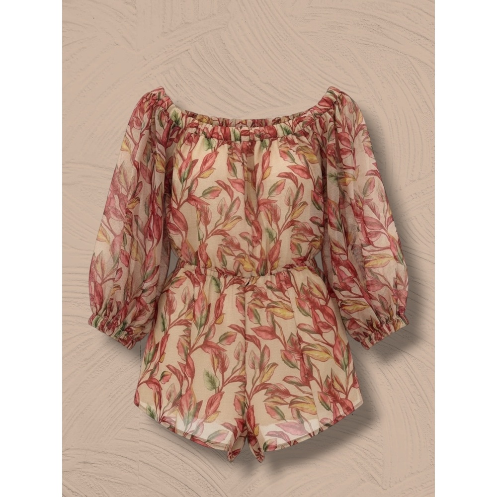Lovers and Friends Leaf Print Off The Shoulder Puffy Sleeve Romper Small